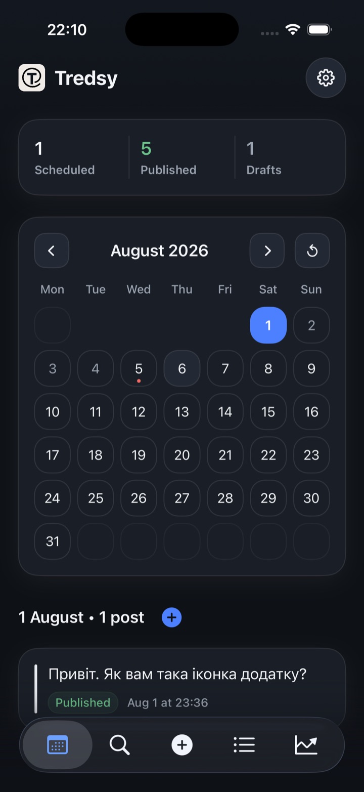 Tredsy calendar showing scheduled and published Threads posts